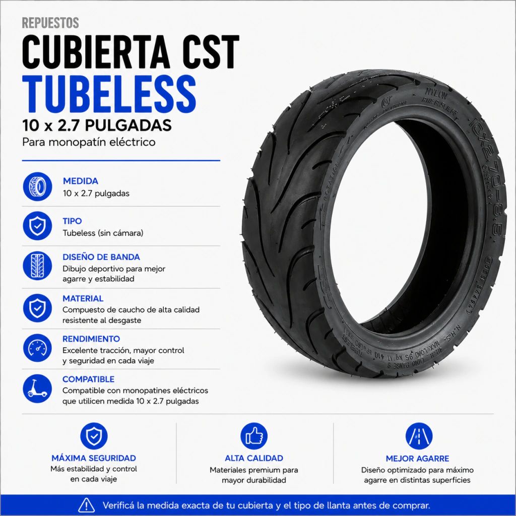 Cubierta Cst Tubeless 10x2,7 Pulgadas Monopatín Eléctrico