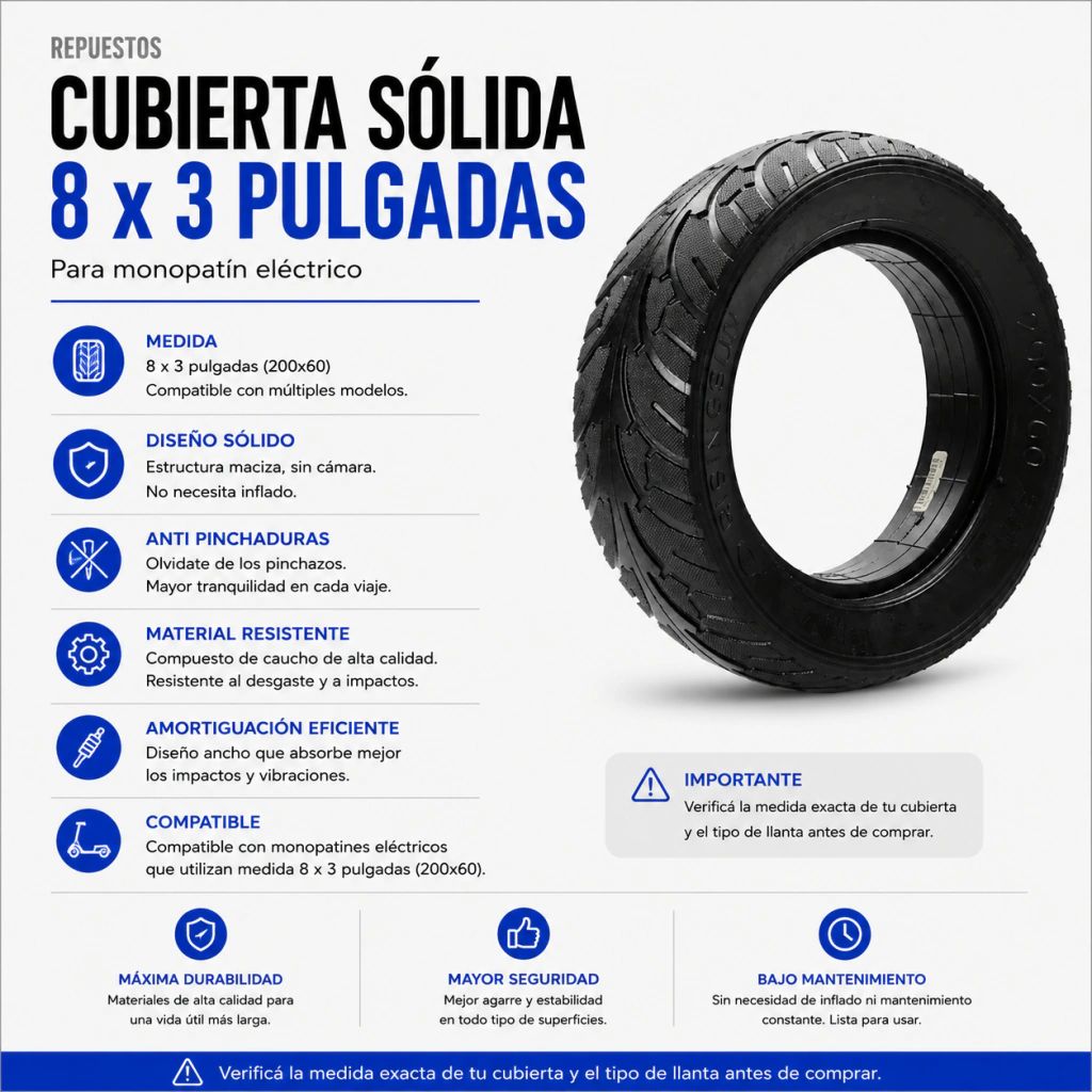 Cubierta Sólida 8x3 Pulgadas Monopatín Electrico 200x60