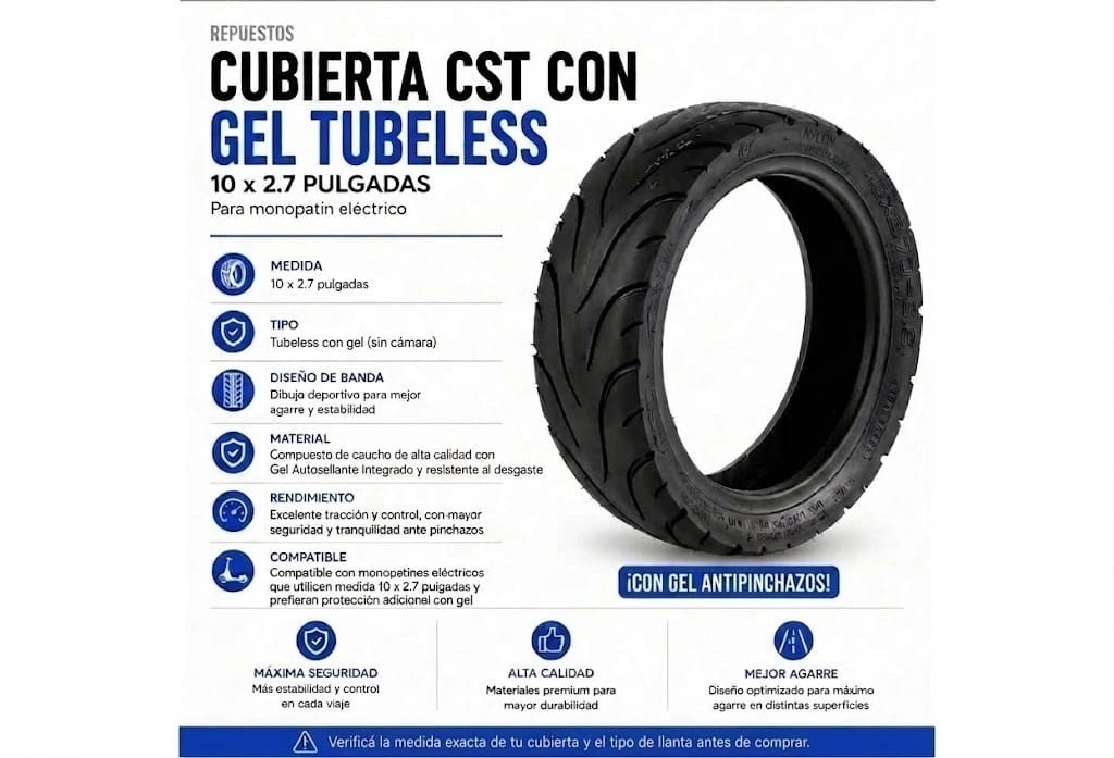 Cubierta Cst Tubeless con GEL 10x2,7 Pulgadas Monopatín Eléctrico